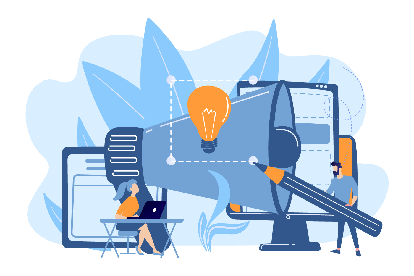 Il·lustració d'una oficina on apareixen un noi i una noia, el noi està dibuixant amb un llapis gegant i la noia està asseguda al davant d'un portàtil.