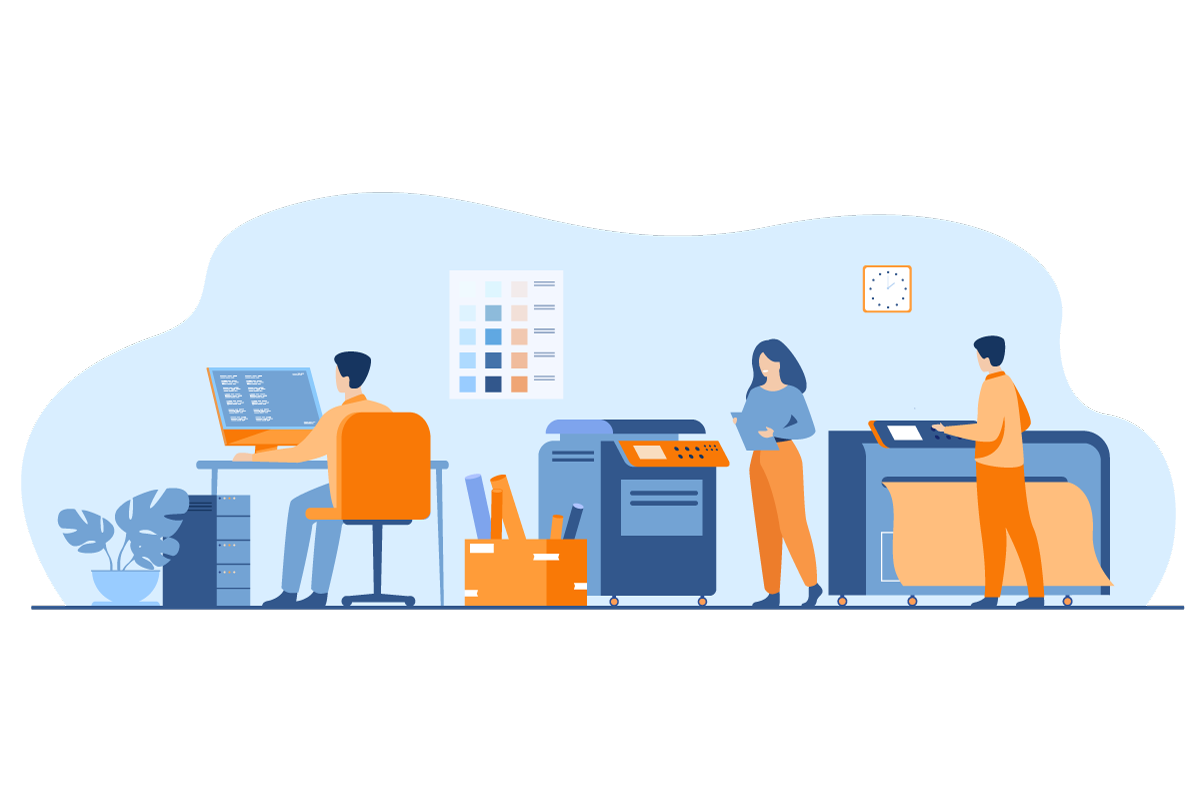 Il·lustació d'una empresa de publicitat. On hi ha un noi assegut treballant amb un ordinador, una noia amb uns papers a la mà al davant de la impressora i un noi imprimint amb plotter.